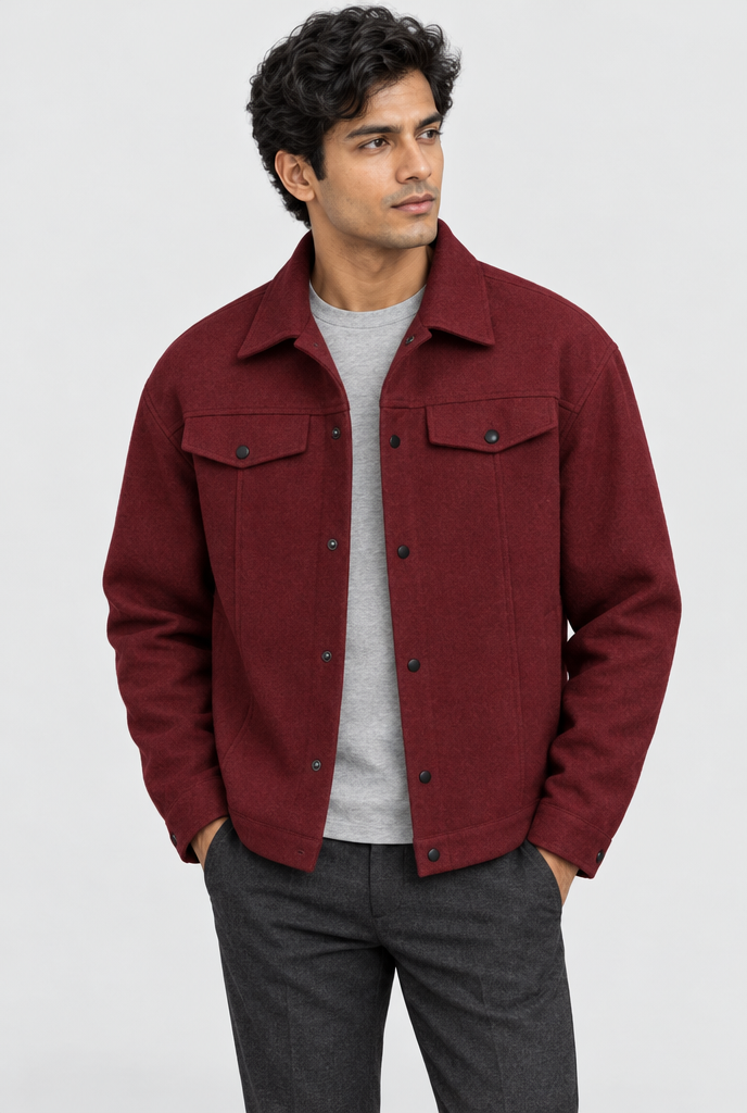 Veste trucker boutonnée effet laine — Bordeaux — photo studio