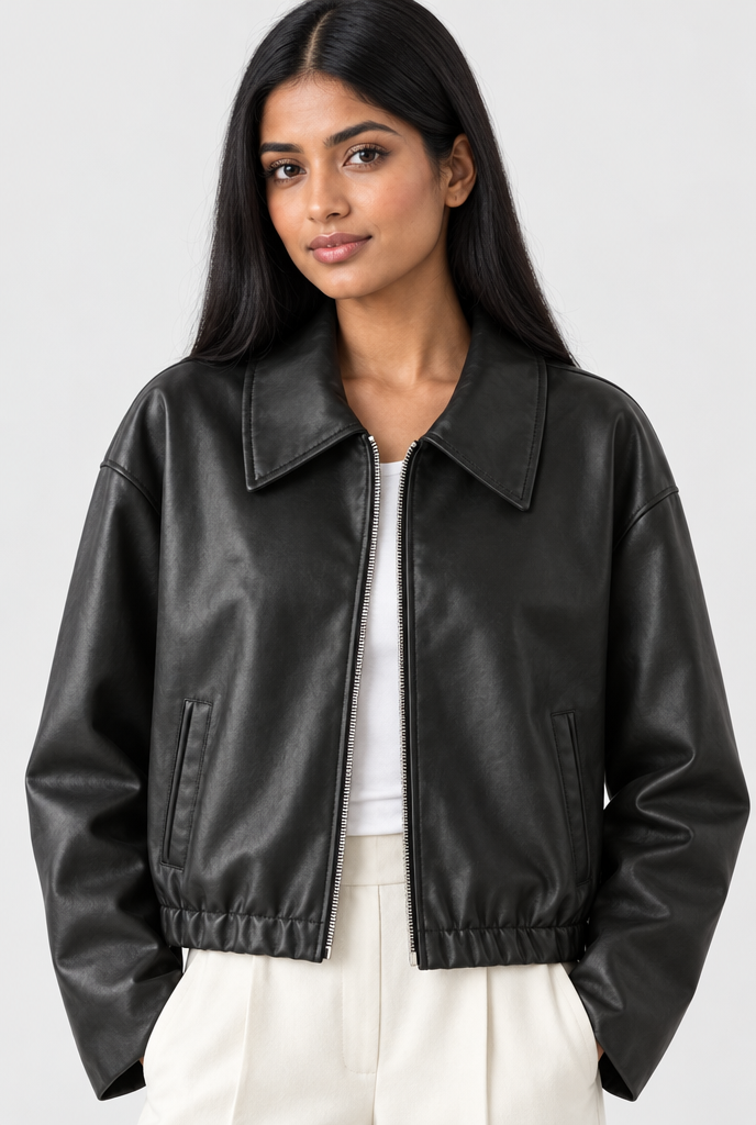 Veste courte zippée à col en simili cuir — Noir — détail du col