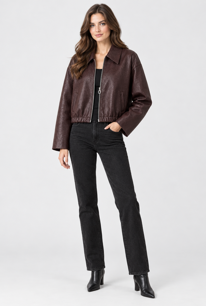 Veste courte zippée à col en simili cuir — Bordeaux — silhouette complète