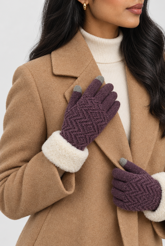 Gants en maille doublés, revers peluche et bouts tactiles — Prune
