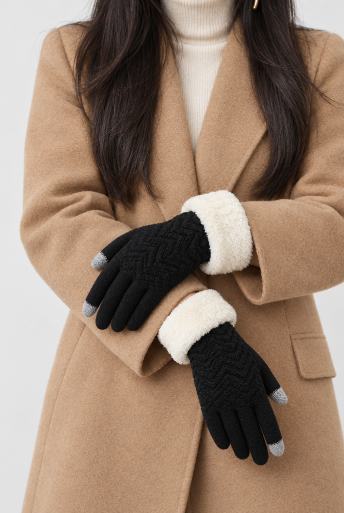 Gants en maille doublés, revers peluche et bouts tactiles — Noir — photo principale