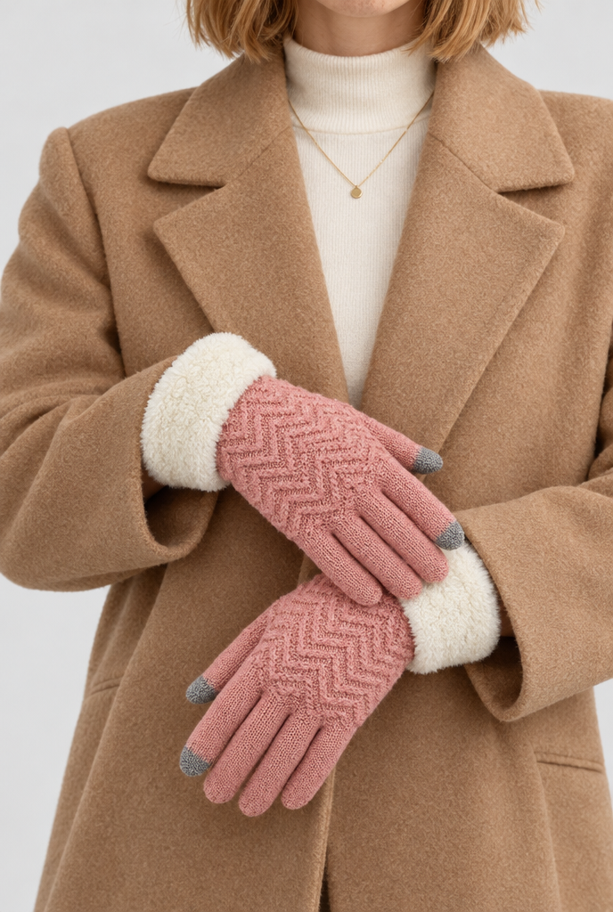 Gants en maille doublés, revers peluche et bouts tactiles — Rose poudré — photo principale