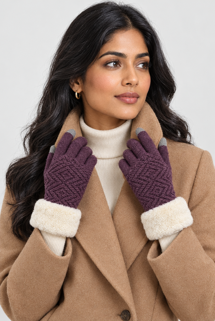 Gants en maille doublés, revers peluche et bouts tactiles — Prune