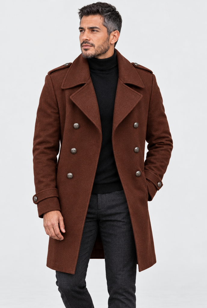 Manteau long croisé effet laine — Châtaigne — photo studio