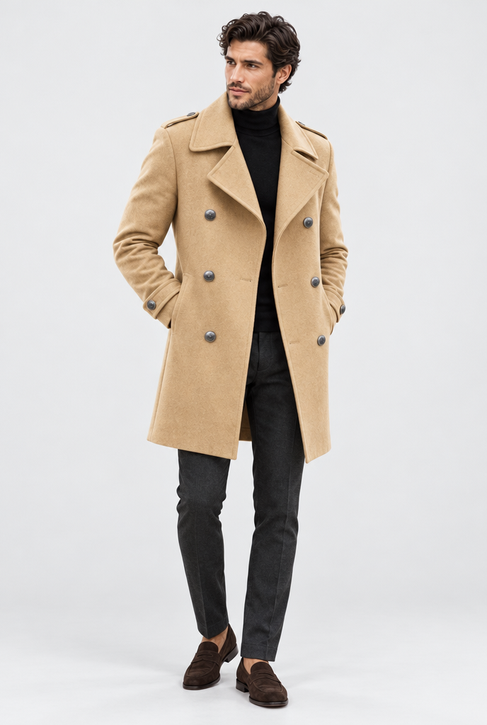 Manteau long croisé effet laine — Camel — silhouette complète