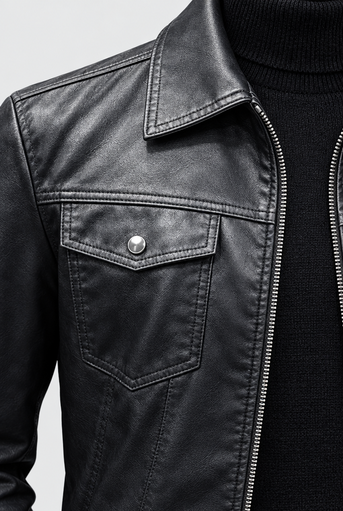 Veste trucker en simili cuir doublée polaire — Noir — détail
