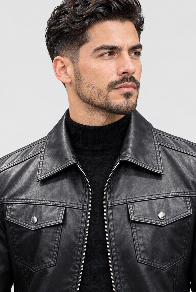 Veste trucker en simili cuir doublée polaire — Noir — col
