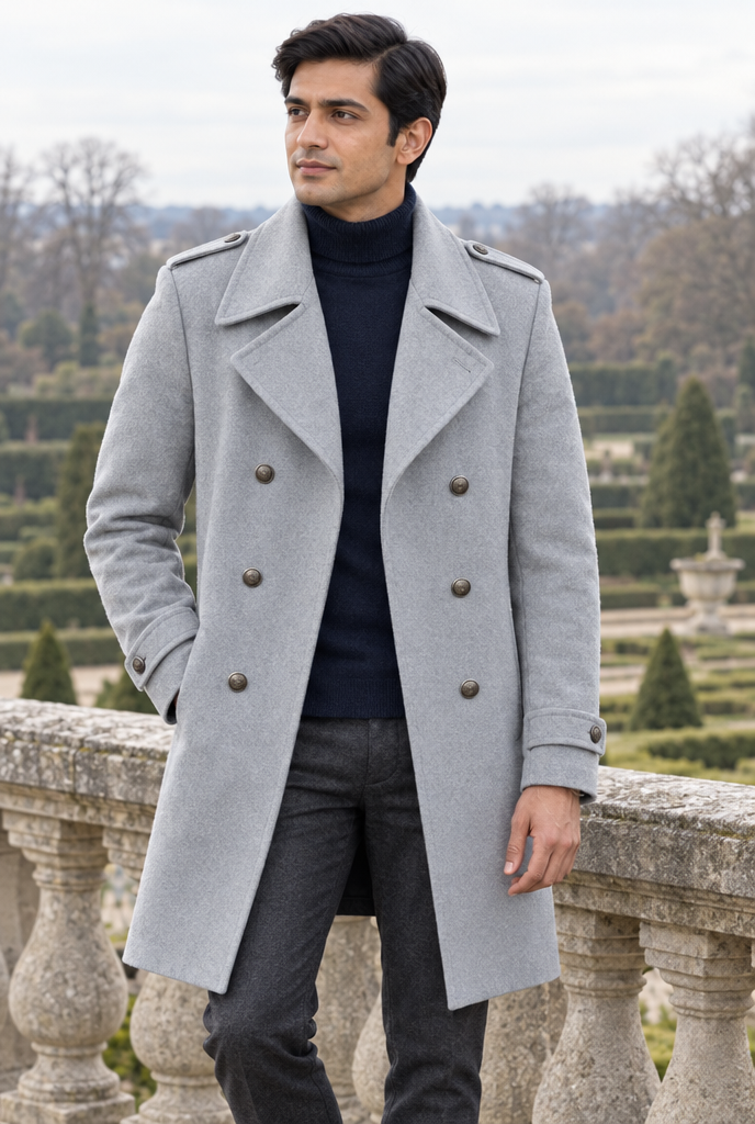 Manteau long croisé effet laine — Gris perle — en situation