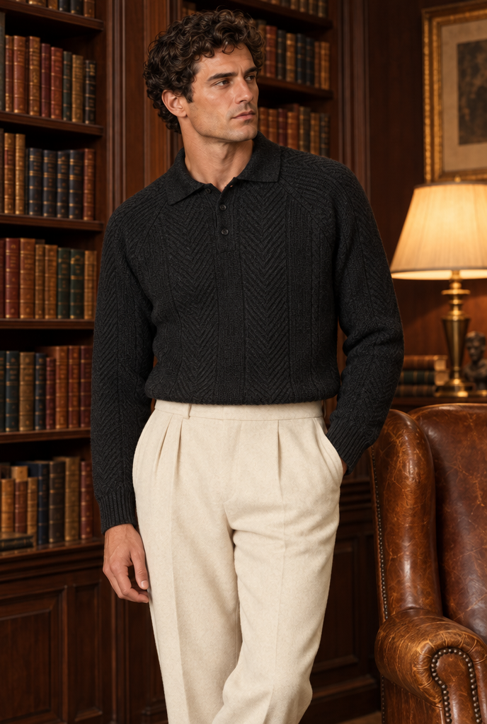 Pull col polo en maille torsadée à chevrons — Noir — en situation