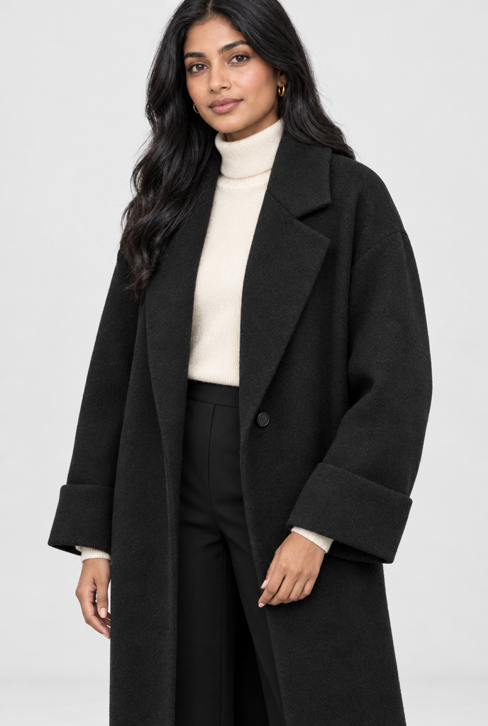 Manteau long effet laine à revers et poches — Noir — détail du revers