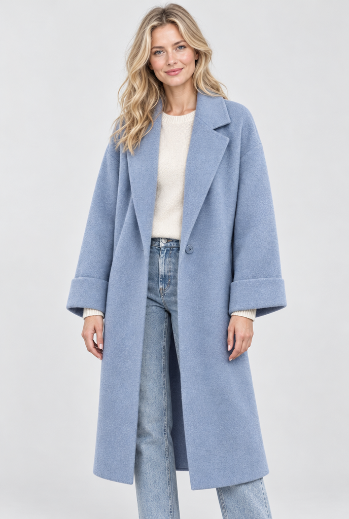 Manteau long effet laine à revers et poches — Bleu poudré — studio