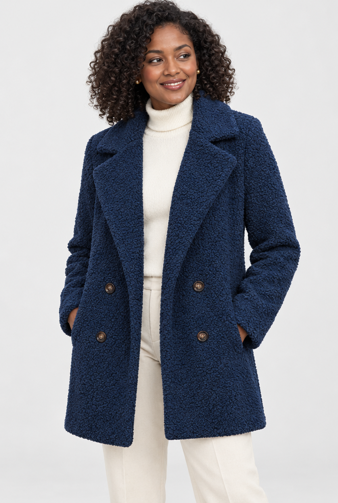 Manteau croisé teddy à grands revers — Marine — photo studio