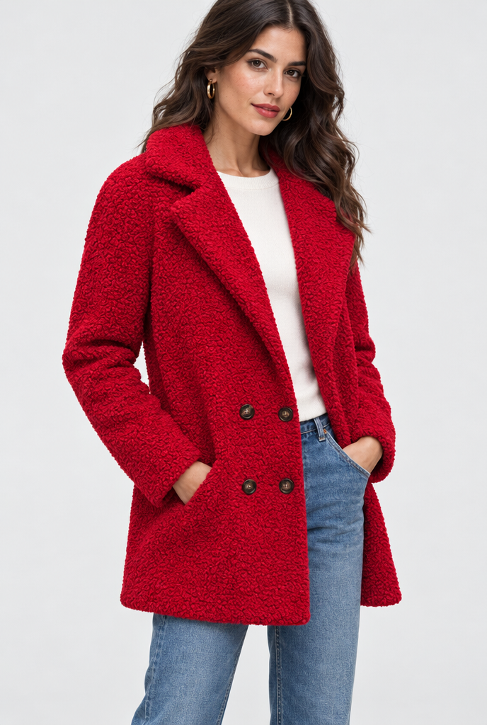 Manteau croisé teddy à grands revers — Rouge cerise — photo studio