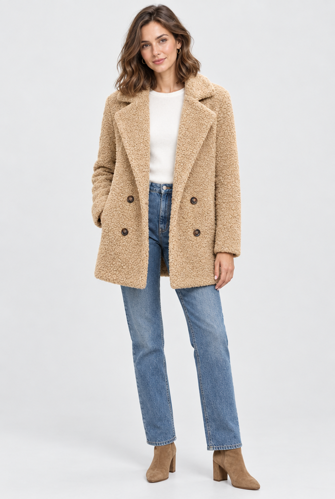 Manteau croisé teddy à grands revers — Camel — silhouette complète