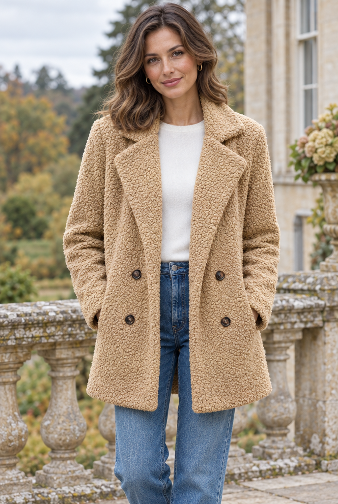 Manteau croisé teddy à grands revers — Camel — en situation