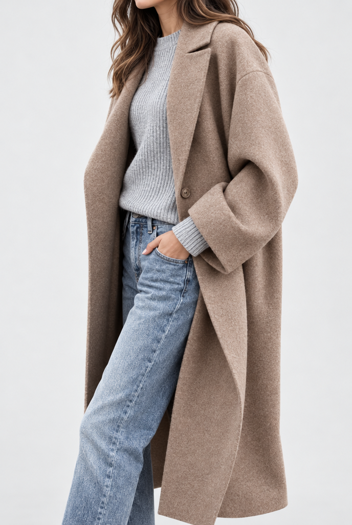 Manteau long effet laine à revers et poches — Taupe — détail