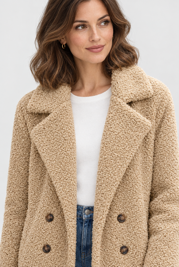 Manteau croisé teddy à grands revers — Camel — détail du col