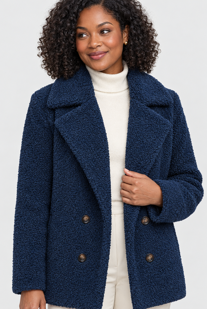 Manteau croisé teddy à grands revers — Marine — détail du col