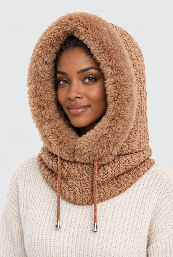 Capuche en maille bordée de fausse fourrure et tour de cou — Camel — photo principale