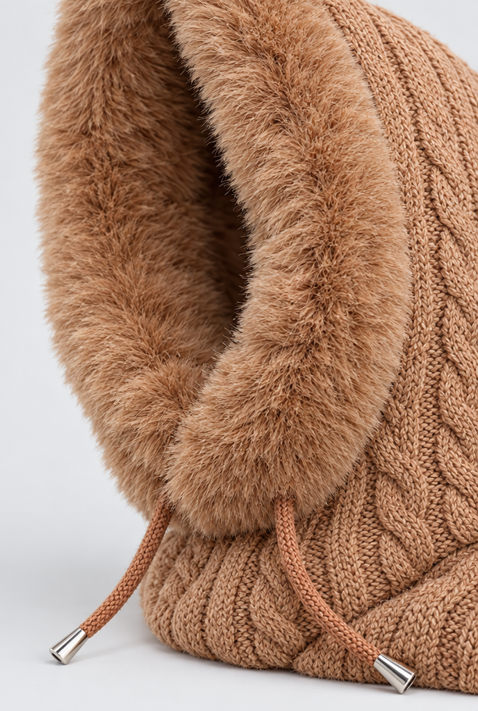 Capuche en maille bordée de fausse fourrure et tour de cou — Camel — gros plan matière