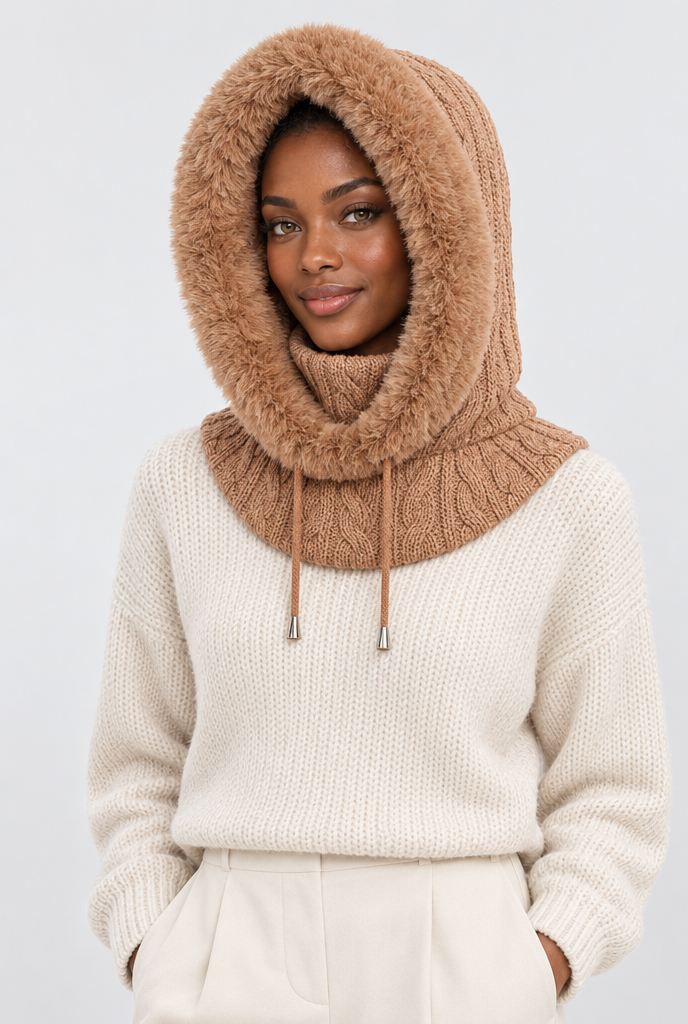Capuche en maille bordée de fausse fourrure et tour de cou — Camel