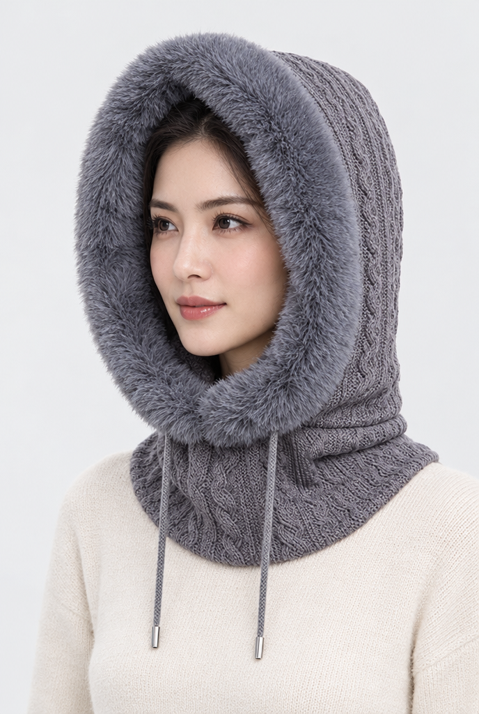 Capuche en maille bordée de fausse fourrure et tour de cou — Gris ardoise — photo principale
