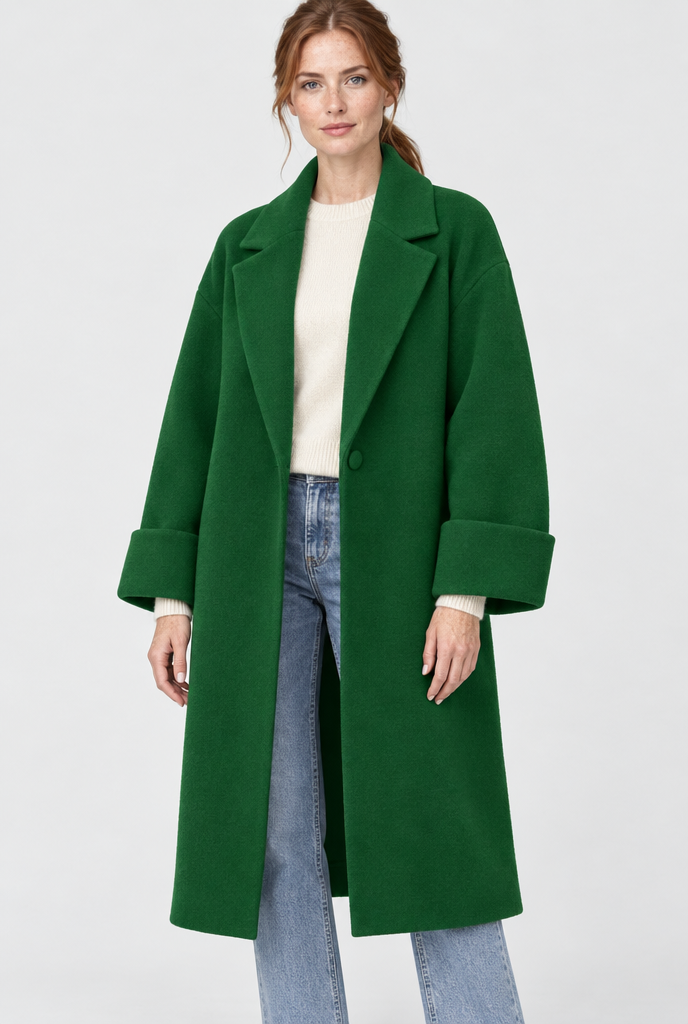 Manteau long effet laine à revers et poches — Émeraude — studio