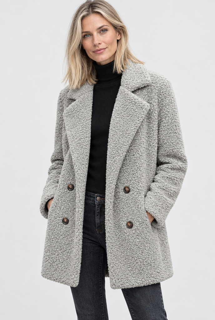 Manteau croisé teddy à grands revers — Gris tourterelle — photo studio