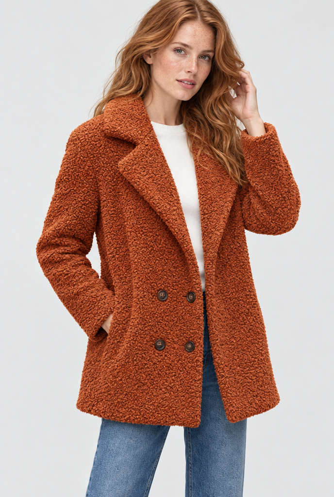 Manteau croisé teddy à grands revers — Rouille — photo studio