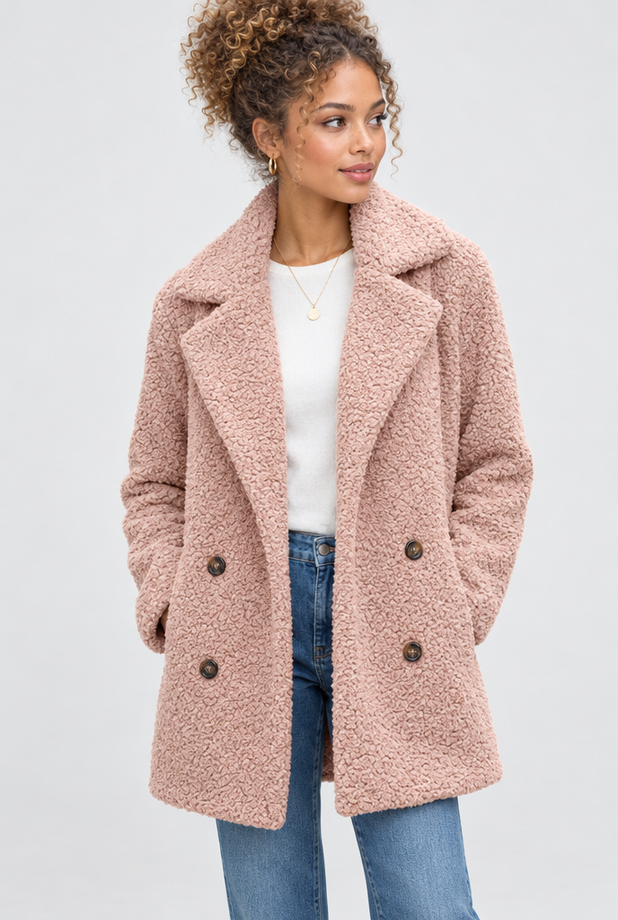 Manteau croisé teddy à grands revers — Rose poudré — photo studio