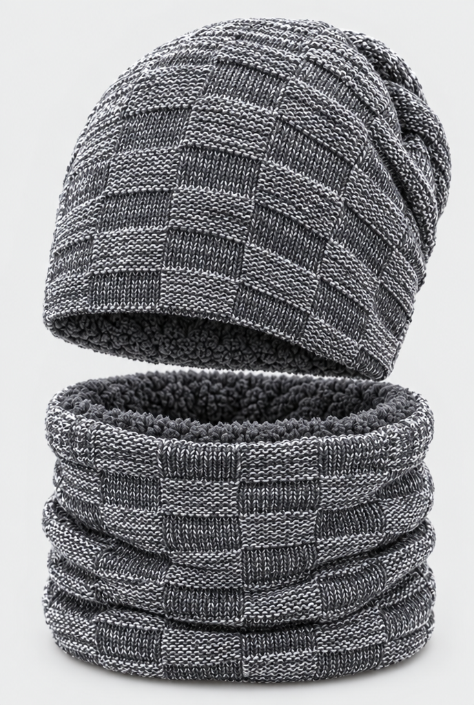 Ensemble bonnet en maille et tour de cou doublé polaire — Gris chiné — gros plan matière