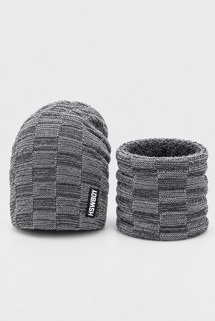 Ensemble bonnet en maille et tour de cou doublé polaire — Gris chiné — packshot