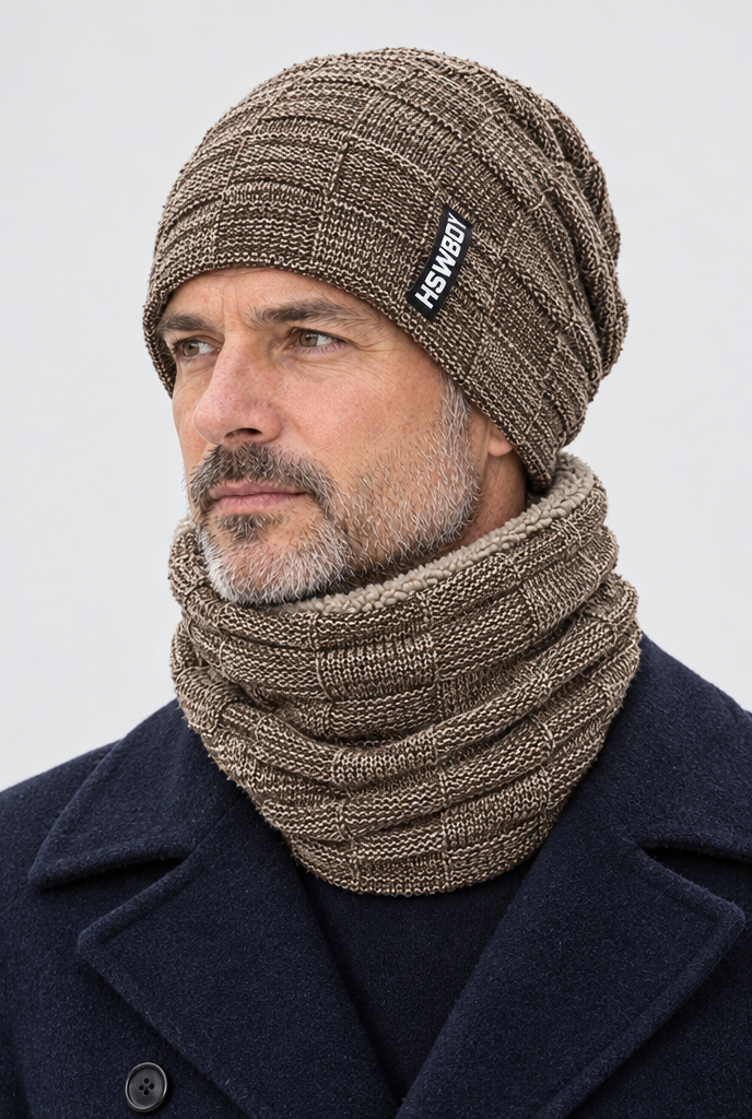 Ensemble bonnet en maille et tour de cou doublé polaire — Kaki — photo principale