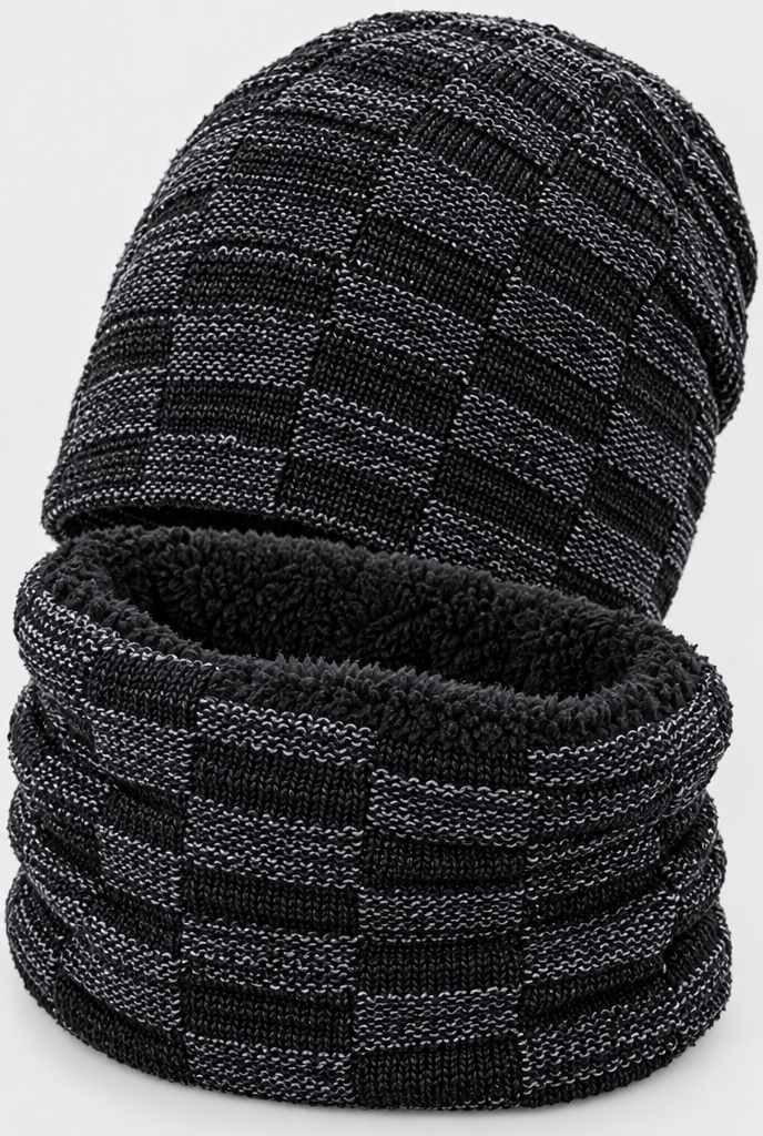 Ensemble bonnet en maille et tour de cou doublé polaire — Noir — gros plan matière
