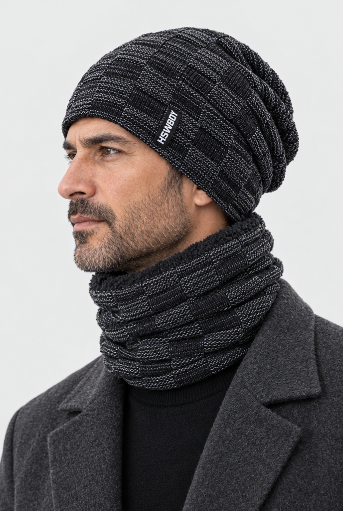Ensemble bonnet en maille et tour de cou doublé polaire — Noir