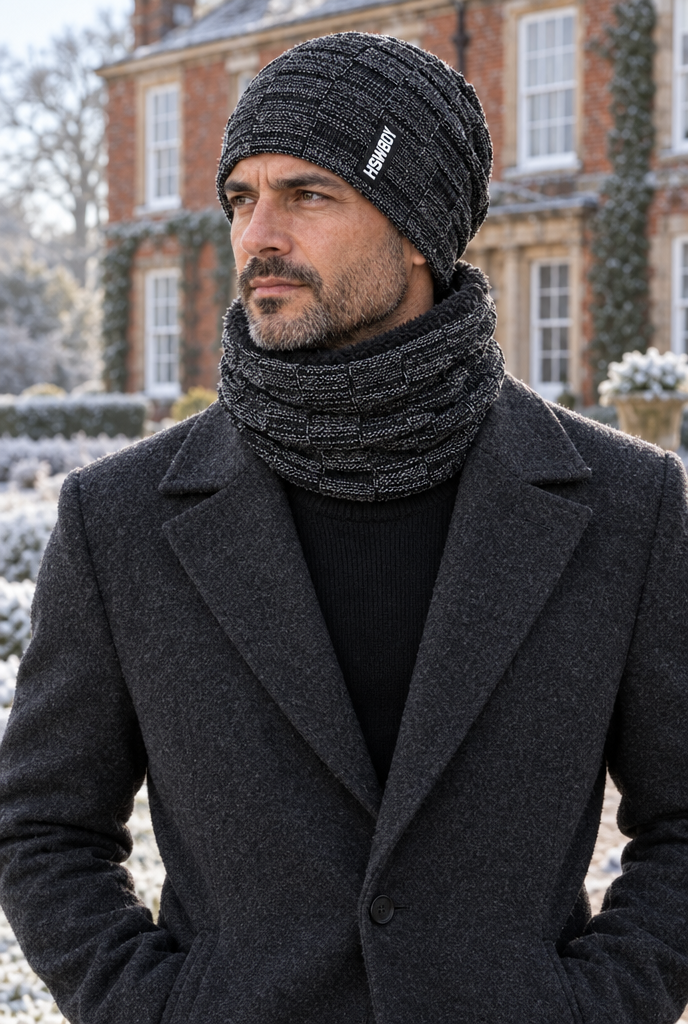 Ensemble bonnet en maille et tour de cou doublé polaire — Noir — en situation
