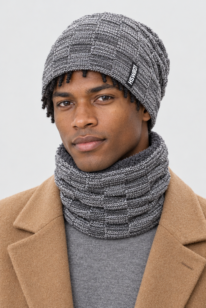 Ensemble bonnet en maille et tour de cou doublé polaire — Gris chiné — photo principale