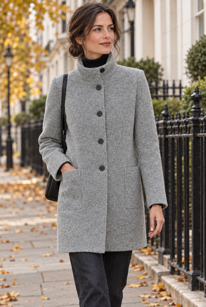 Manteau boutonné col montant effet laine — Gris chiné clair — en situation