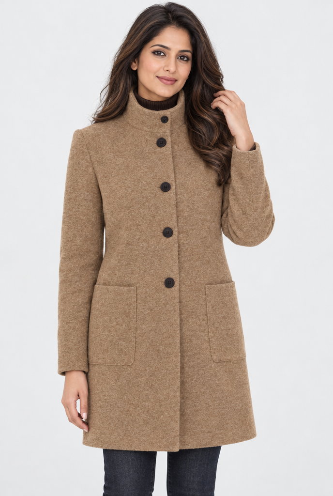 Manteau boutonné col montant effet laine — Camel — photo studio