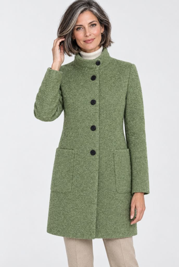 Manteau boutonné col montant effet laine — Sauge — photo studio