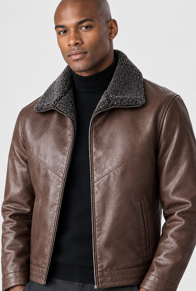 Veste zippée en simili cuir à col peluche — Expresso — détail du col