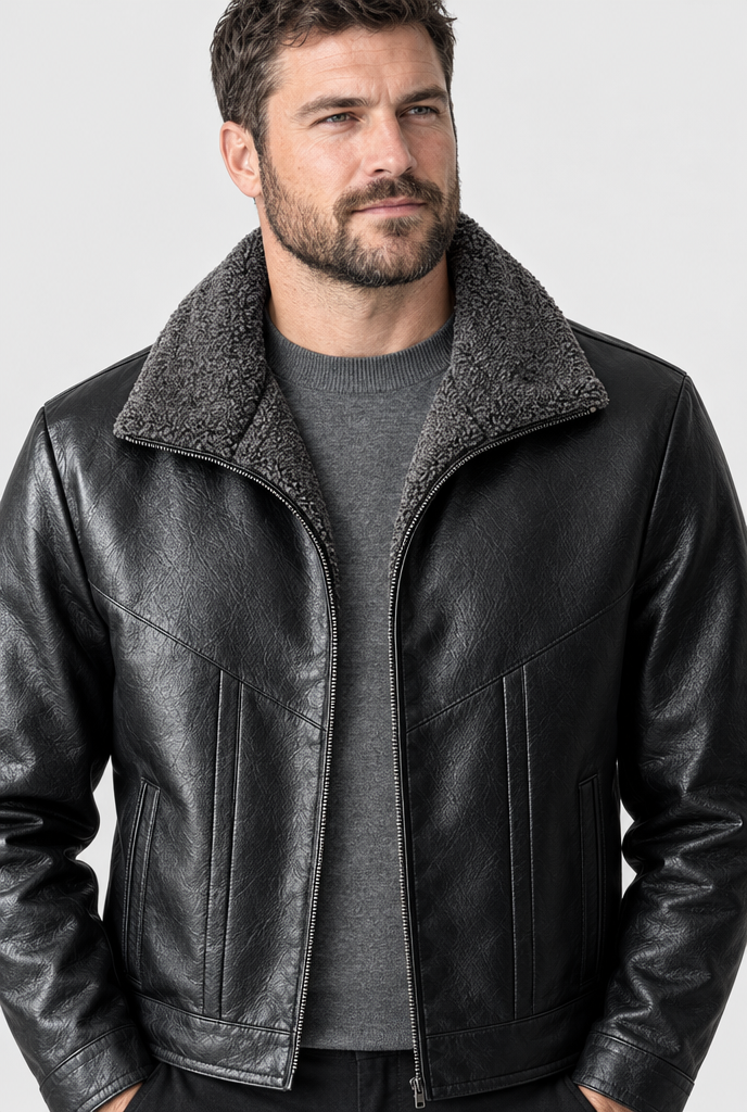 Veste zippée en simili cuir à col peluche — Noir — détail du col