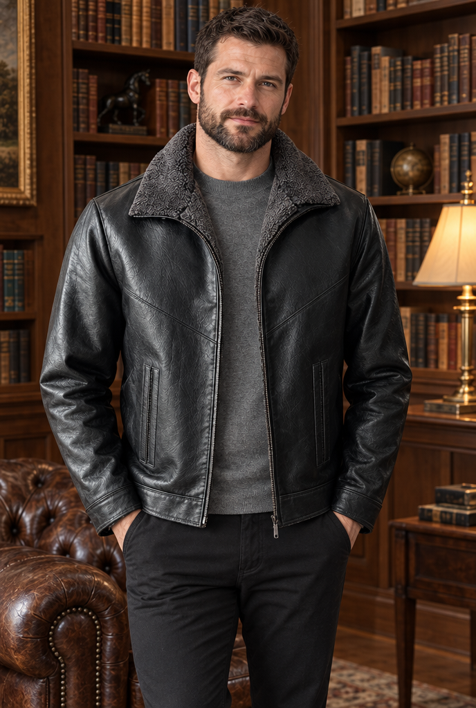 Veste zippée en simili cuir à col peluche — Noir — en situation