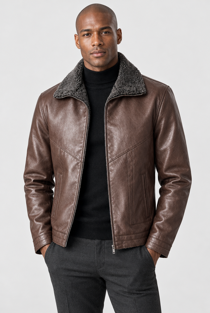 Veste zippée en simili cuir à col peluche — Expresso — photo studio