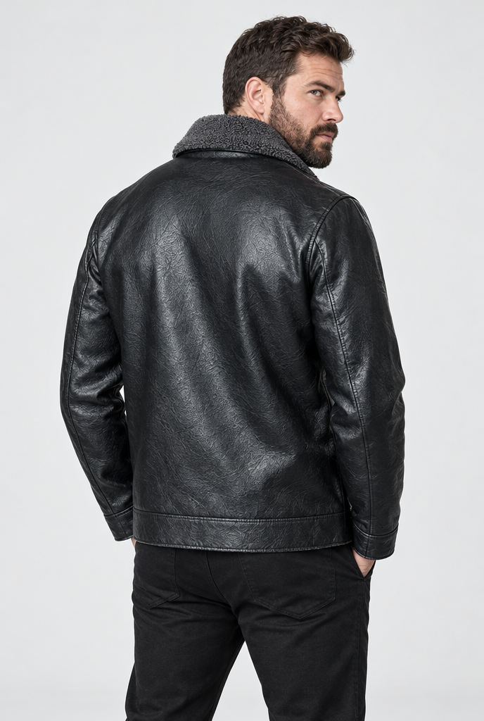 Veste zippée en simili cuir à col peluche — Noir — vue de dos