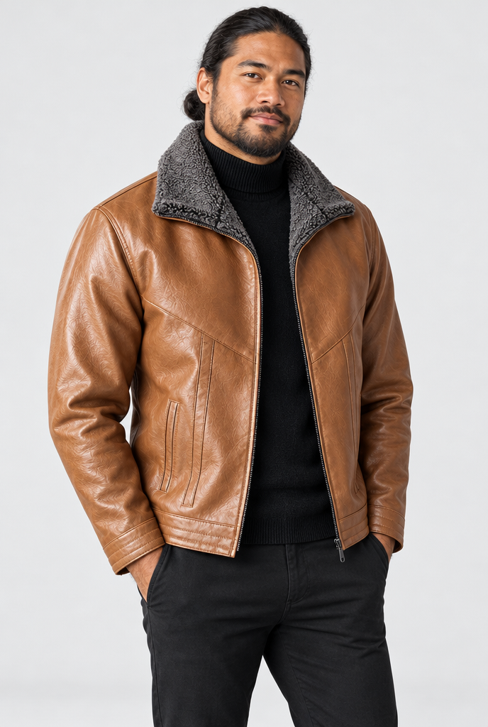 Veste zippée en simili cuir à col peluche — Cognac — photo studio