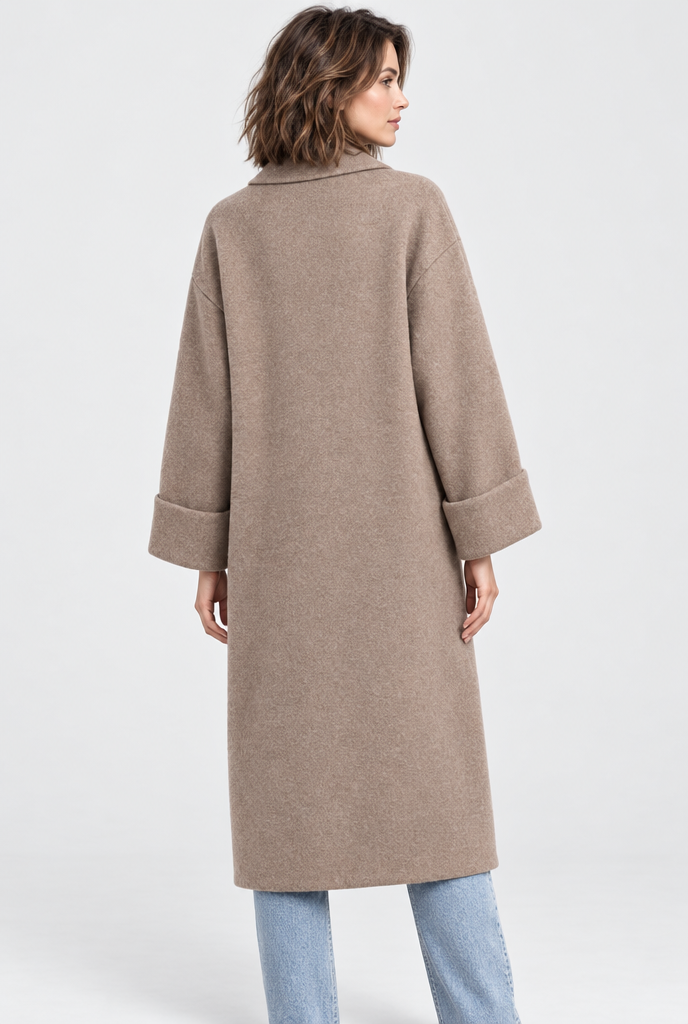 Manteau long effet laine à revers et poches — Taupe — vue de dos