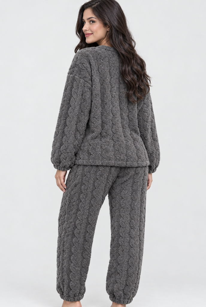 Pyjama en polaire peluche texturée — Anthracite — vue de dos