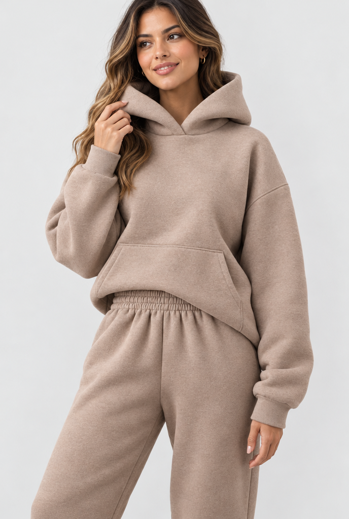 Ensemble sweat à capuche oversize et jogging en molleton — Latte — photo principale