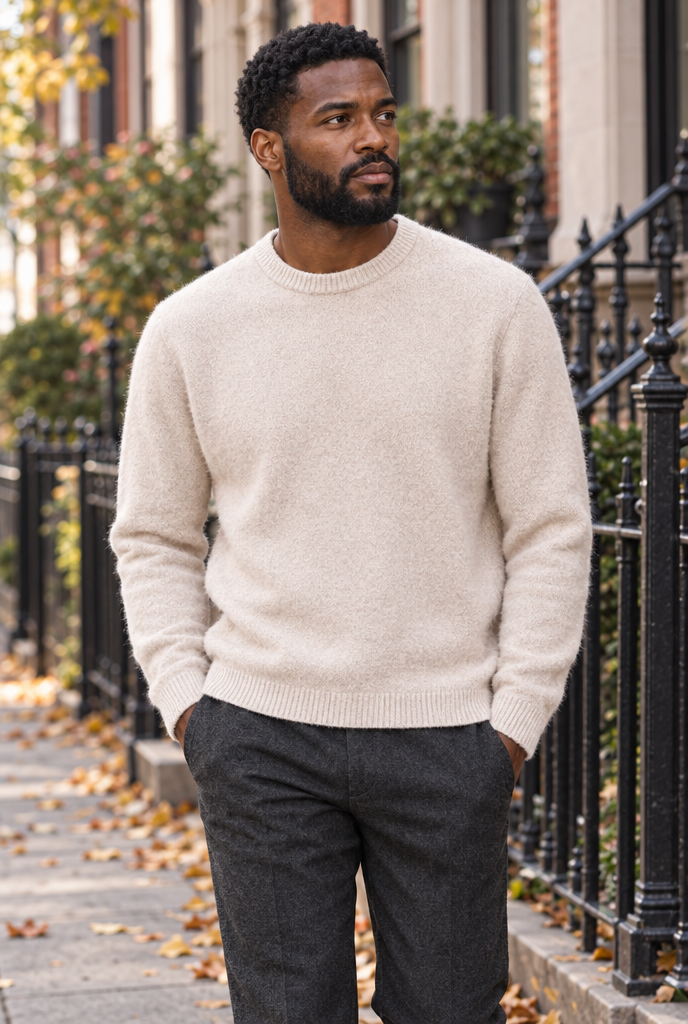Pull col rond en maille brossée douce — Crème — en situation